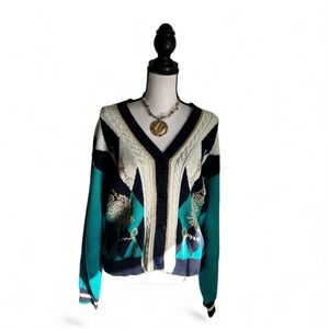 Vintage 80s Women’s Geometric Knit Nautical Cardigan Sweater, Size Small